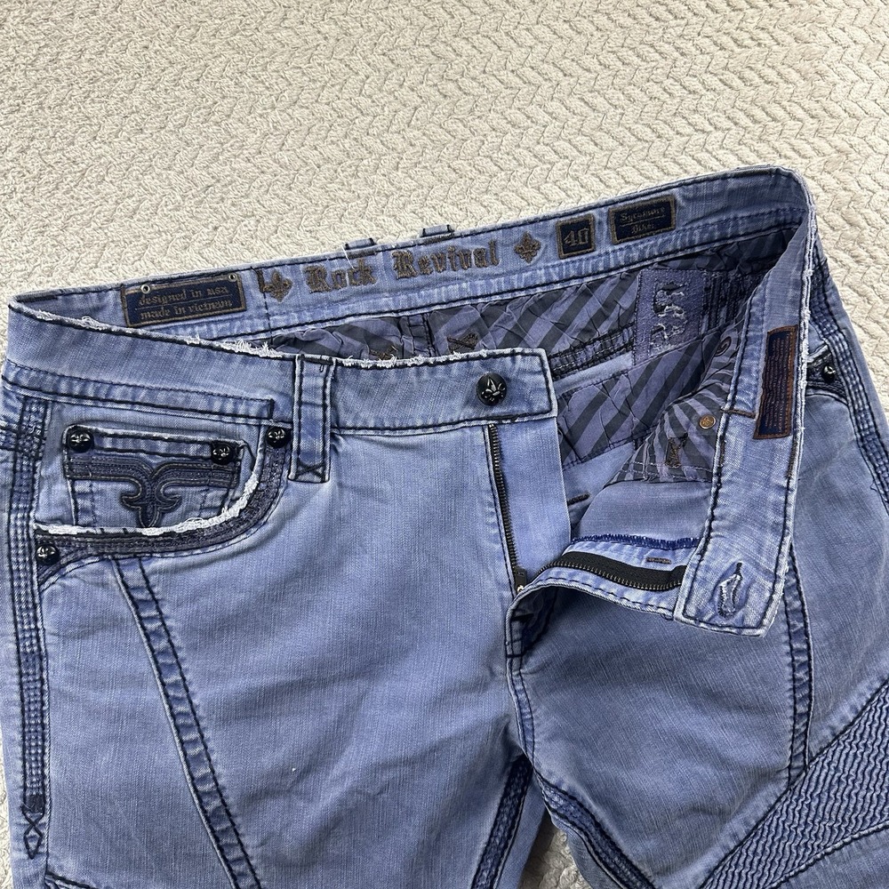 Rock Revival Sycamore Biker Jeans Mens 40x34 Blue Light Wash Skinny Denim Pants - Picture 7 of 16